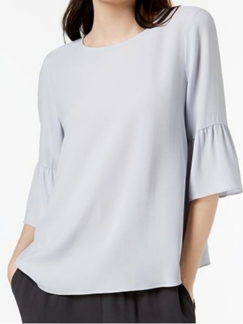 Eileen Fisher Womens Blouse Pale Gray Silk Georgette Crepe Bell Sleeve $258 MSRP